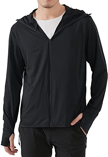 Locachy Men's UPF 50+ Sun Protection Outdoor Lightweight Full Zip Hoodie Jacket Long Sleeve Fishing Hiking Performance Shirt Black L