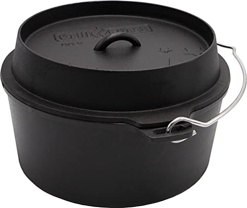 Grillfürst Dutch Oven ca. 9 Liter - stabil stehender Feuertopf mit flachem Boden ohne Füße, hitzebeständiger Gusseisen Topf, Deckel als Pfanne nutzbar, rund, DO 9