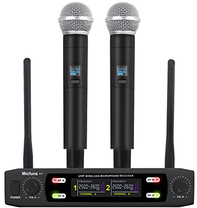 micfuns K7 Professional Mikrofon-Sets Wireless 2 Handheld VHF 230-250 MHz Mikrofonsystem 100 m Entfernung für Karaoke, Party, Sprache