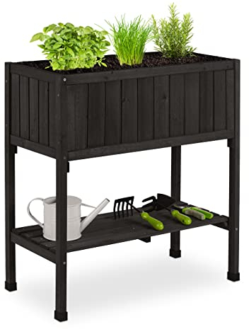 Relaxdays Hochbeet, Folie, Ablage, HxBxT: 80 x 74 x 38 cm, Garten, Balkon & Terrasse, Pflanztisch, Tannenholz, schwarz