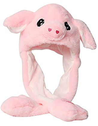 Lustige Tiermütze Plüsch Schwein Mütze mit Beweglichen Ohren, Drücken der Tiermütze Machen die Ohren Bewegen Spielzeug Geburtstags Weihnachts Geschenk Cosplay Wintermütze Hut für Erwachsene Kinder
