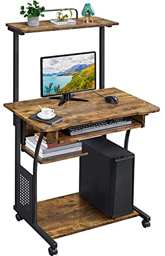 Abician Petit Bureau Informatique à roulettes à 3 Niveaux, Table d'ordinateur Vintage en Bois, Bureau avec Rangement pour Maison, Bureau, École, Chambre Brun Rustique