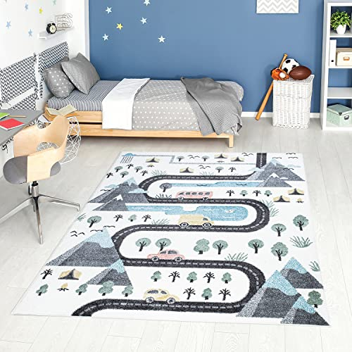carpet city Teppich Kinderzimmer Straße, Auto - Creme, Multi - 80x150 cm - Kinderteppich Kurzflor mit Straßen-Motiven - Weicher Flor - Spielteppich