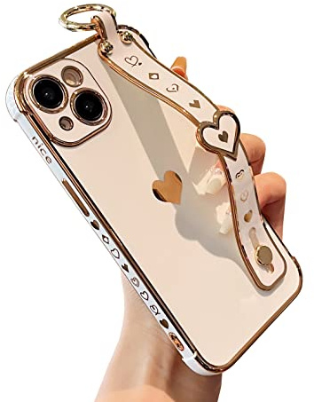 DEFBSC for iPhone 14 Case with Wrist Strap, Plating Heart, White | Cute Side Love Pattern Phone Case with Wristband Finger Holder Stand Soft TPU Bumper Shockproof Protective Cover