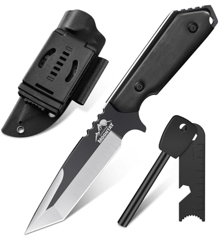 Moontay Outdoor Messer Survival 12cm mit Feuerstahl 440C Feststehende Tanto Klinge Jagdmesser mit Kydex Scheide Full Tang Holz Griff EDC für Wandern Bushcraft Camping Geschenke für Männer