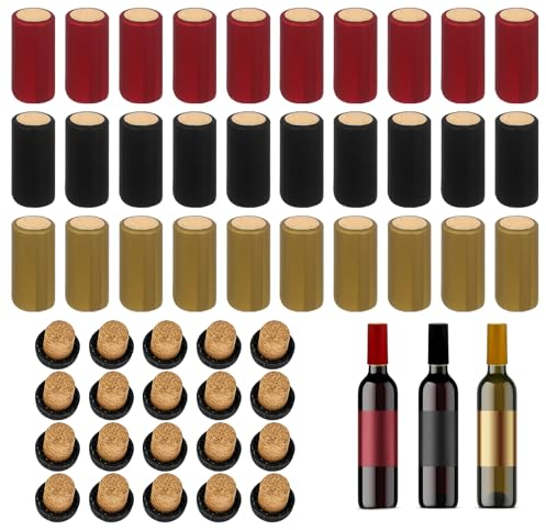 Weinkorken Weinflasche Kork Stoppe Kapseln PVC Schrumpfkapseln Flaschenkapseln Flaschenverschluss Weinverschluss Wärmeschrumpf Weinstöpsel Für Party Familie Hochzeit Weinkeller 50PCS(RotGoldSchwarz)