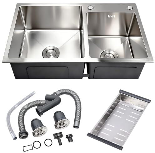 DuyviSteil Modern Kitchen Sink Nano-Coated 30.7x16.9 Inch Stainless Steel Kitchen Sink, Drop in & Topmount Double Bowl Sinks with Drainage Pipes and Fruit Baskets