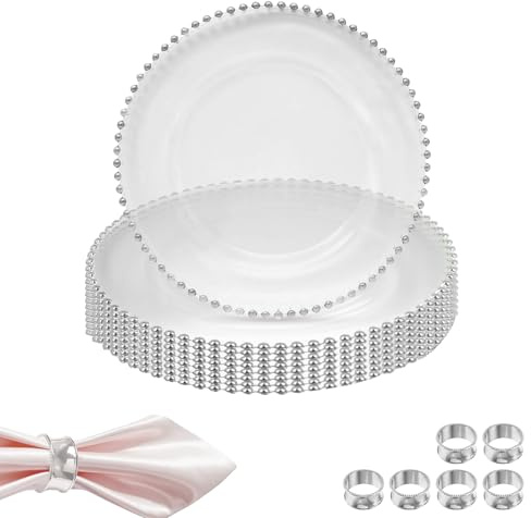 Silver Beads Clear Glass Charger Plates & Hammered Napkin Rings, 6pcs | Set of Plates and Napkin Rings Ideal for Thanksgiving , Wedding, Dinner Party, Event and Table Decoration