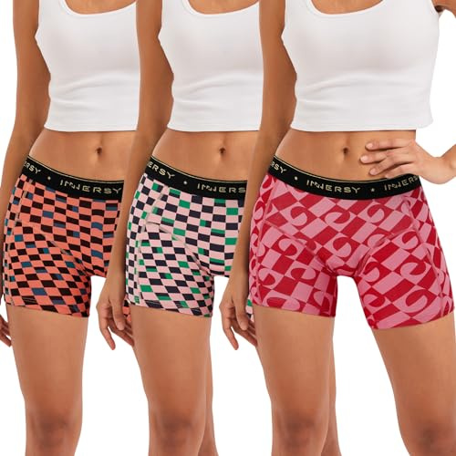 INNERSY Boxershorts för kvinnor, underkläder i bomull med ben, hipster, pojkshorts, trosor i 3-pack, Färgglad geometri, 42-44