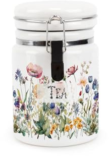 Purely Home Wildflowers Tea Ceramic Storage Canister - Floral Meadow Ceramic Kitchen Food Storage Container with Clip Lid 400ml (13.5cm x 8.5cm)