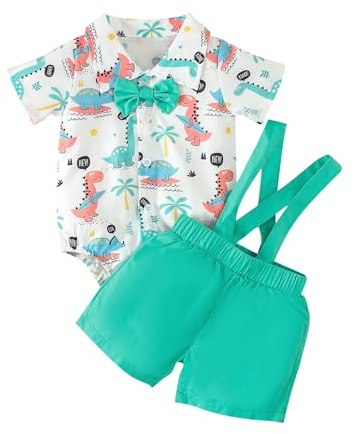 Dazzerake 2 Pezzi Completi per Neonato Tutina da Gentiluomini Estivi Pagliaccetto Camicia a Maniche Corte con Papillon + Salopette Pantaloncini con Bretelle 0-24 Mesi (Bianco F, 3-6 mesi)
