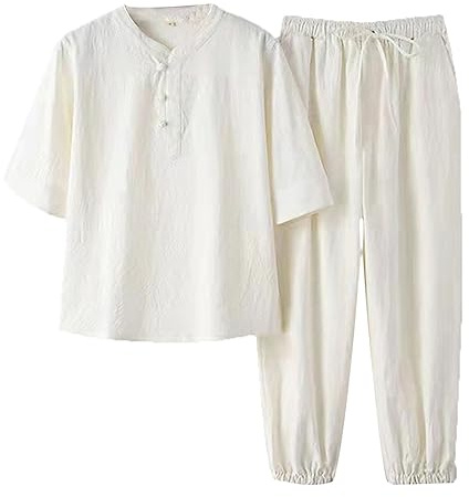 QPZK Meditazione Zen in Lino di Cotone Tai Chi Uniforme Uomo Set di Arte Marziale Set Tanging Pantaloni Maniche Corte，Abbigliamento Cinese Kung Fu Vestiti di Meditazione White-M