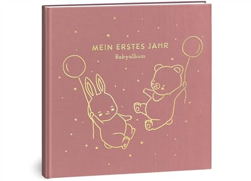 Mein erstes Jahr Babyalbum - Hochwertiges Leinenbuch mit Goldprägung für die schönsten Erinnerungen - Babybuch zum Eintragen für das erste Lebensjahr - Baby Geschenk zur Geburt (Luftballons Rosé)