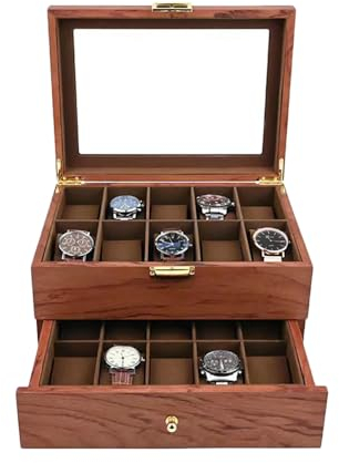 Xigner Scatola per orologi in legno con cassetto, per 20 orologi da uomo, con cassetto, 27 x 21,5 x 16 cm