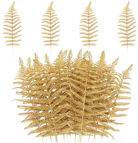 MWOOT 16 Stück Weihnachten Künstliche Farne Pflanzen, Glitzer Künstliche Blätter Gold, Gefälschte Künstliche Zweige DIY Zubehör für Girlande Kranz Weihnachtsbaum Blumenstrauß Haus Garten Dekoration