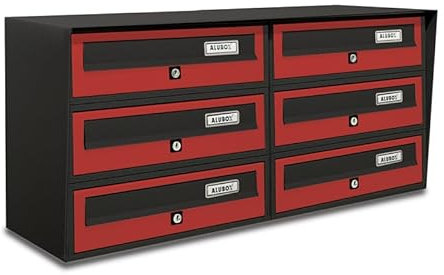 ALUBOX Briefkastenanlage 6 Fächer Slim 37,8x77,5x30 cm aus Verzinktem Blech und Aluminium Außenbriefkasten mit Entnahmeschutzsystem (ANTHRAZIT UND ROT)
