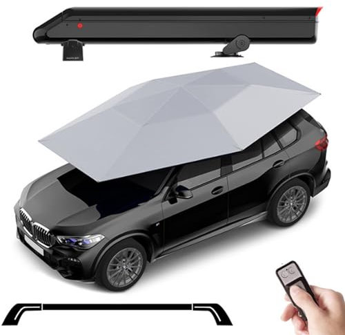 Tenda Per Auto Completamente Automatica Da 3,8m Con Barra Portabagagli Da 1,35m | Posto Auto Coperto Mobile Pieghevole Da 5000 Mah Con Telecomando | Ombrellone Per Auto | Tenda Copriauto,Grey