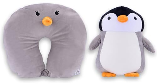 Sbabam Travel Pets, 2 in 1 Kinder-Reisekissen in Form eines Plüschtiers, Plüsch-Maxi-Version umwandelbar in ein Nackenkissen zum Schlafen, Pinguin-Plüschtier, das als Flugzeug- und Autokissen