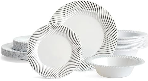 Matana 96 Pezzi Piatti e Ciotole in Plastica Bianca con Bordo Argento - 32 Piatti Piani, 32 Piattini, 32 Ciotole - Stoviglie Elegante e Riutilizzabile per Feste, Matrimoni, Compleanni, Picnic
