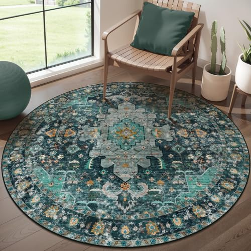 Ciicool Runder Boho-Teppich, waschbar, für Schlafzimmer, Nachttisch, rutschfest, Vintage, Eingangsbereich, niedriger Flor, für Wohnzimmer, Esszimmer, Küche, 122 cm