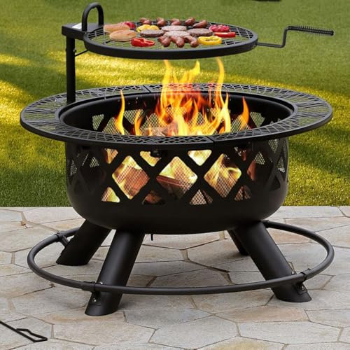 Braciere da Giardino, Braciere con Attizzatoio e griglia di Cottura, Braciere da Esterno, Fire Pit, Nero, Grande, Bracieri Esterno Giardino，Pozzo del Fuoco a Legna