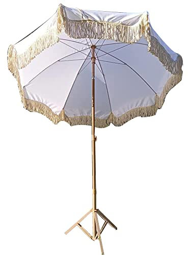 Parasol de terrasse d'extérieur avec pompon - Motif plage - Parasol blanc pour décoration de jardin, cour, système d'inclinaison pour angle d'ombrage réglable
