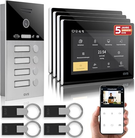 GVS IP Video Türsprechanlage mit Türöffner & RFID - 4x7 Monitor & App | Smarte Video Türklingel mit Kamera und Monitor & App - Gegensprechanlage mit Türöffner für 4 Familienhaus (AVS4092U)