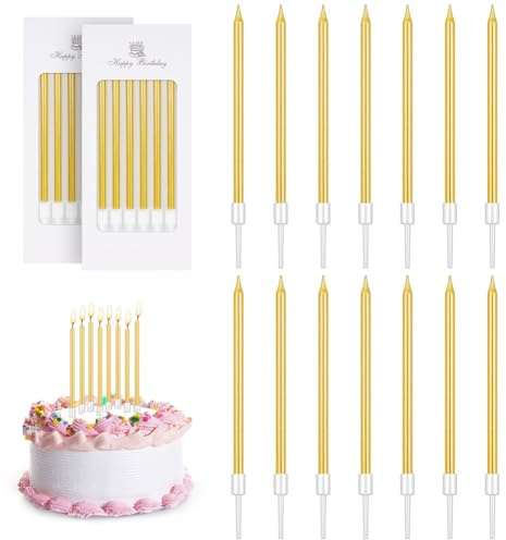 URAQT Geburtstagskerzen Kuchen mit Haltern, Lange, 12 Stück,Gold | Geburtstagskerzen für Kinder Erwachsene, Dekorative Geburtstagstorte, Hochzeitsparty, Abschlussfeier