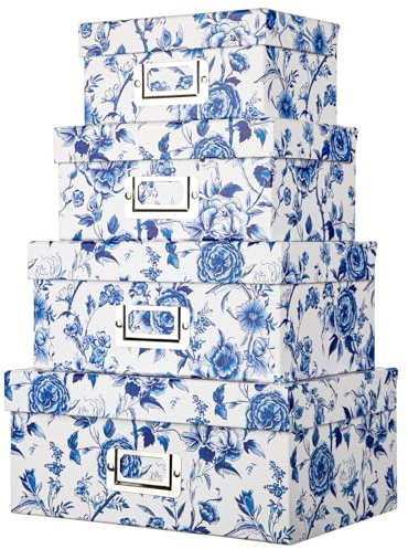 Briful Blue and White Porcelain Storage Boxes with Lids, Set of 4 – Chinoiserie Decorative Nested Card Photo Storage Box Organizer, Paperboard Box for Closet, Office, Gifts