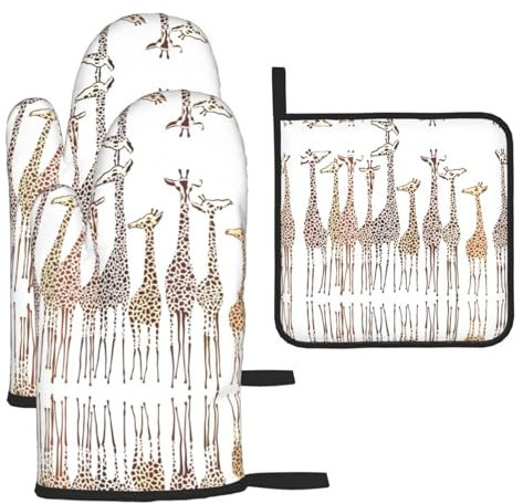 Simpatico cartone animato divertente giraffe stampa vacanza set regalo guanti da forno e presine set resistente al calore impermeabile cottura