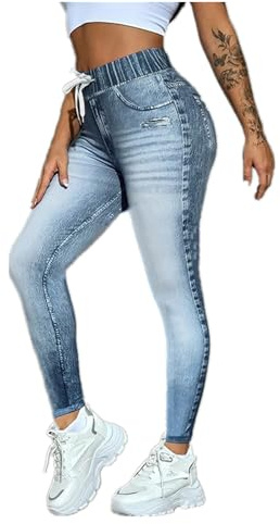 Gellmall Legging femme effet jean, taille haute, jean élastique, femme, long, skinny, pour yoga, fitness, S-2XL, bleu, L