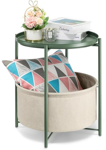 danpinera Beistelltisch Rund, Beistelltisch Klein mit Korb, Kleiner Tisch für Nachttisch, Schlafzimmer, Kinderzimmer, Metalltisch Balkon Tisch, Dunkelgrün