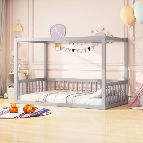 Arhatreya Kinderbett 90x200 cm, Himmelbett Massivholz, Bodenbett Bettgestell für Kinder Jugendliche (Ohne Matratze) Grau