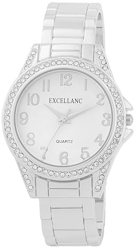 Excellanc Damen-Spangenuhr Metallarmband Armreif lesbare Ziffern Simili Steine Länge 15 cm Quarz-Armbanduhr Geschenkidee für Frauen (Silber/Weiß)