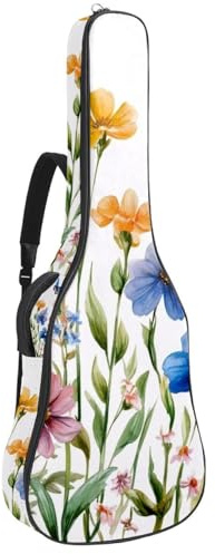 Gitarrentasche, 101,6 cm, 104,7 cm, 1 cm dick, Schaumstoff, weich gepolstert, für Akustik-, E-Bass, klassische Gitarre, Aquarell-Wiesenblumen, Blätter und bunte Schmetterlinge, Mehrfarbig 02