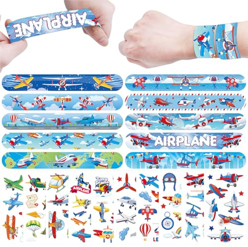 ENCETARDE 60PCS Airplane Party Set, 30PCS Temporary Tattoos, 30PCS Slap Bracelets, Airplane Themed Birthday Supplies, Plane Party decoration, Baby Shower Gifts, Classroom Rewards, Decor for Kids
