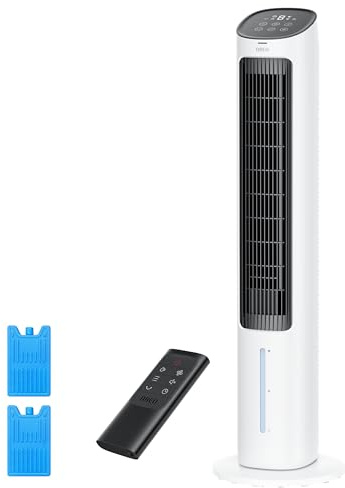 DREO Evaporative Air Cooler, 40” Standing Bladeless Cooling Fan for Bedroom, 80° Oscillating Fans that Blow Cold Air, Swamp Cooler, Removable Water Tank, Ice Pack, 3 Mode 4-Speed, White and Black
