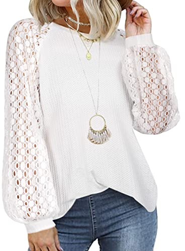 Tuopuda Chemisiers Blouse Femme Manches Longues en Dentelle Chemise Col Rond Chic Élégante Casual Shirts Pullover Tops Hauts
