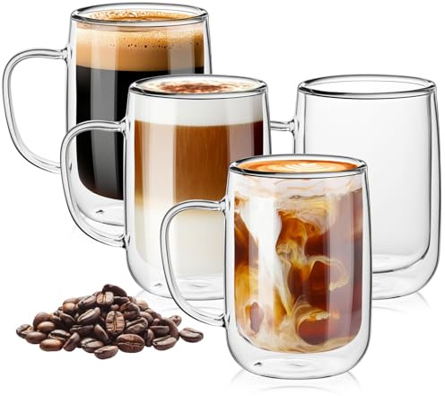 TKNO 4 Pack 350ml Double Walled Glass Coffee Mugs – Insulated Thermal Designer Tea Cups, Inward Curve Barista Style Glasses with Handles, Elegant Clear Borosilicate Mugs