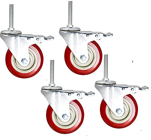 Ruedas giratorias M12 x 60 mm, 4 unidades silenciosas de poliuretano con freno, capacidad de carga de 500 kg para carrito industrial, muebles, andamios y banco de trabajo