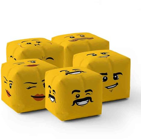 Building Block Face Brick Kids Pouffe | Choose from 5 Fun Faces & Custom Background Colour | Playful Low Seat, Cube or Circle | Kids Playroom Furniture | Gift for Building Block & Toy Fans