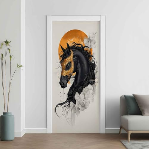 Pferd Türtapete Türposter Türfolie Selbstklebend PVC, Tier Türaufkleber Abnehmbar Wasserdicht, Chinesisch Kunst Fototapete für Tür Wohnzimmer Kinderzimmer 95x205 cm