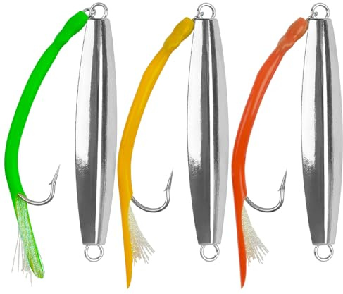 Saltwater Fishing Lures Diamond Jigging Spoons 3pcs Metal Jigs with Tube Tail Hooks Sea Casting Spinners Trolling Lure Fishing Spoon Lures for Deep Sea Surf Fish Tuna Bass