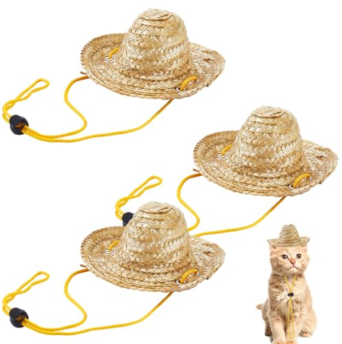 AHANDMAKER Lot de 3 mini chapeaux en paille naturelle réglable pour petit chien, animal domestique, costume funky pour fête en plein air, festival, décoration 11,7 x 4,8 cm