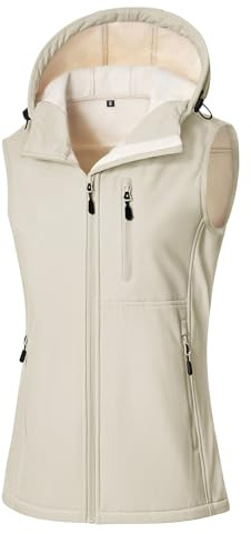 CMTOP Gilet Donna Softshell Impermeabile con Cappuccio, Fodera Leggera in Pile Smanicato Gilet, Antivento Sportivo Giacca Senza Maniche con Tasca per Primaverile Autunno Invernale(Beige,L)