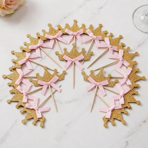 20PCS Gold Crown Cake Toppers with Pink Bows - Pre-Assembled Princess Theme Cupcake Decorations for Birthday Party, Anniversary Celebration (Adult Party Supplies)
