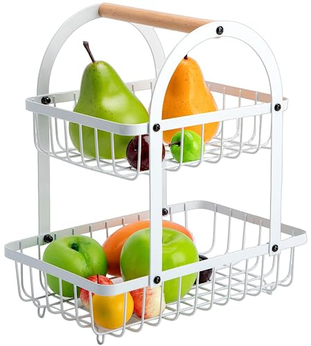 EliteHoff Présentoir à fruits à 2 étages - Panier à fruits à 2 étages - Panier à légumes en acier inoxydable - Panier de rangement en métal pour fruits, légumes, pain, collations - Corbeille à pain