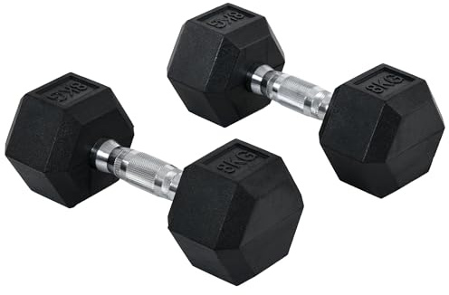 HOMCOM 2x8kg Rubber Hex Dumbbell Set Anti-Rolling Free Weights Dumbbells Pair with Knurled Grip for Home Gym Strength Training Exercise