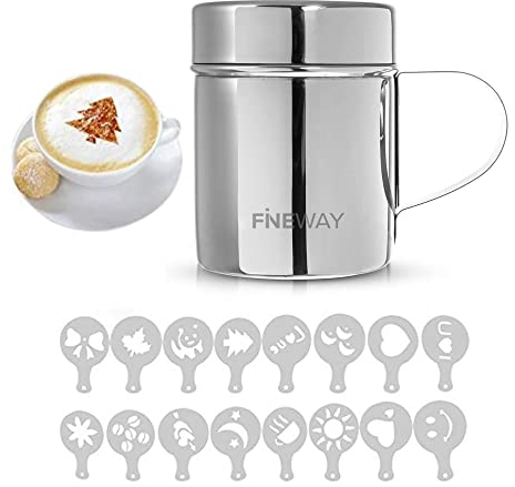 LIVIVO Stainless Steel Chocolate Shaker Duster with 16 Cappuccino Coffee Barista Stencils