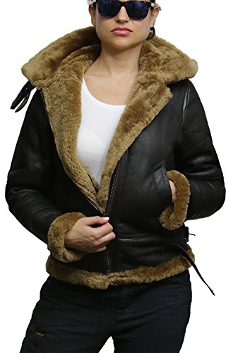 BRANDSLOCK Damen-Winterjacke im Fliegerstil aus echtem Schaffell mit Kapuze
